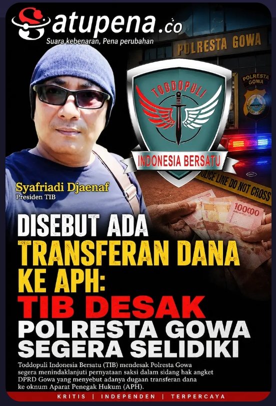 Disebut Ada Transferan Dana ke APH: TIB Desak Polresta Gowa Segera Selidiki