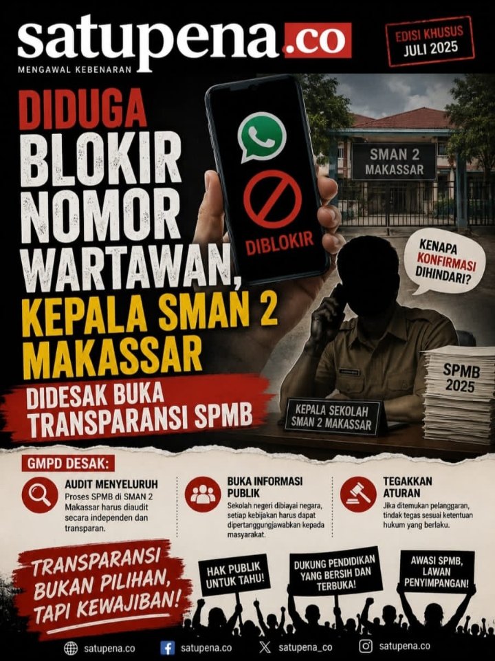 Diduga Blokir Nomor Wartawan, Kepala SMAN 2 Makassar Didesak Buka Transparansi SPMB