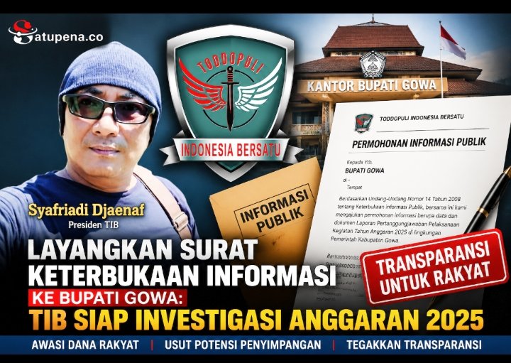 Layangkan Surat Keterbukaan Informasi ke Bupati Gowa: TIB Siap Investigasi Anggaran 2025